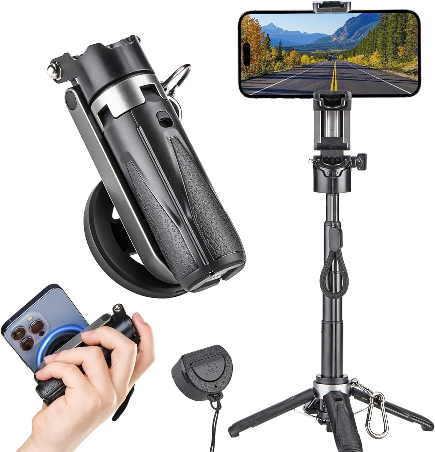 for Magsafe Tripod Stand for iPhone,Portable Pocket Size Selfie Stick with Rechargeable Remote and Metal Ring,Extendable Detachable Cell Phone Tripod Compatible with iPhone/Android
