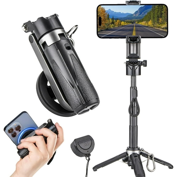 for Magsafe Tripod Stand for iPhone,Portable Pocket Size Selfie Stick with Rechargeable Remote and Metal Ring,Extendable Detachable Cell Phone Tripod Compatible with iPhone/Android