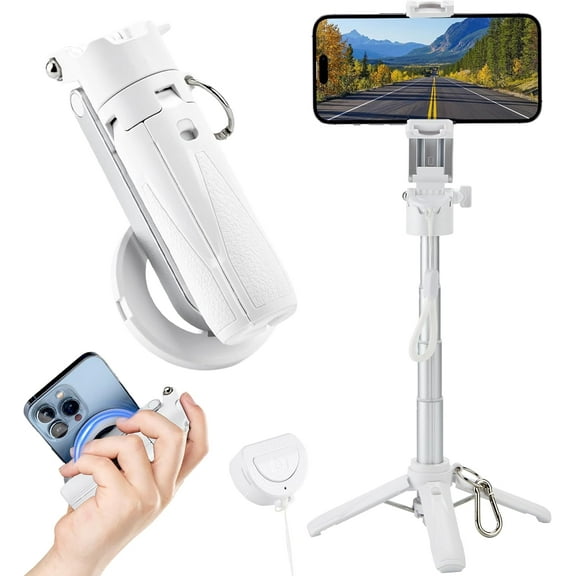 for Magsafe Tripod Stand for iPhone,Portable Pocket Size Selfie Stick with Rechargeable Remote and Metal Ring,Extendable Detachable Cell Phone Tripod Compatible with iPhone/Android (White)