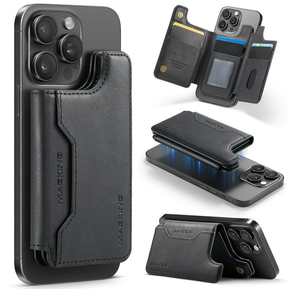Magsafe Wallet for iPhone 17/16/15/14/13/12 Pro Max Plus Series, Card Holder Strong Magnetic Vegan PU Leather Wallet Stand with 7 Card Slots, RFID Blocking - Black