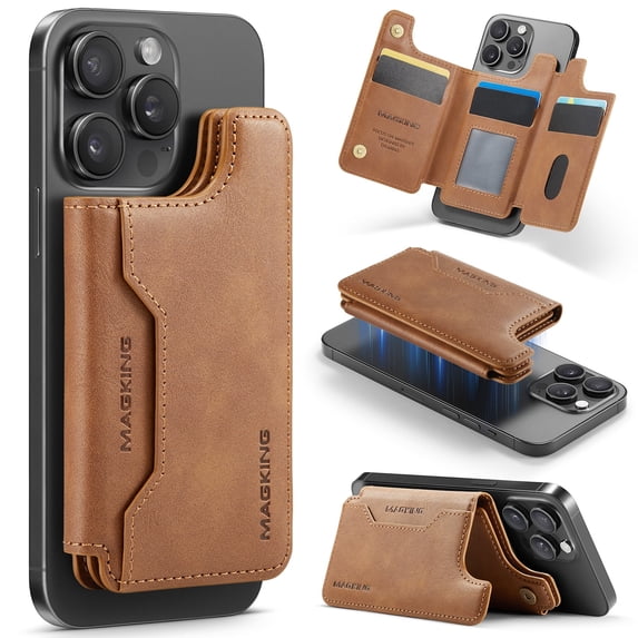 Magsafe Wallet for iPhone 17/16/15/14/13/12 Pro Max Plus Series, Card Holder Strong Magnetic Vegan PU Leather Wallet Stand with 7 Card Slots, RFID Blocking - Brown