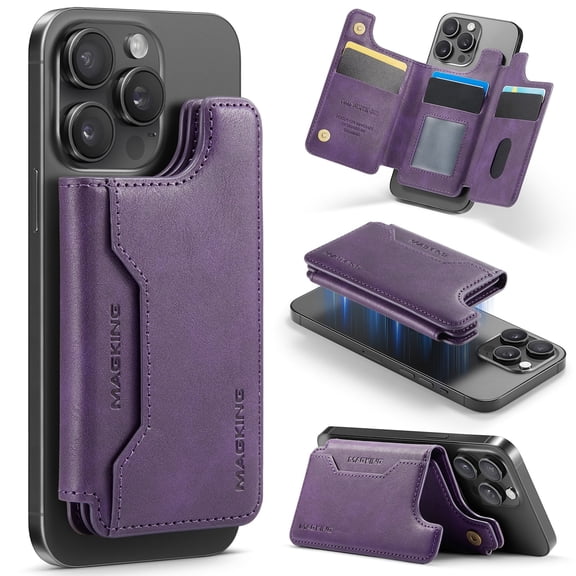 Magsafe Wallet for iPhone 17/16/15/14/13/12 Pro Max Plus Series, Card Holder Strong Magnetic Vegan PU Leather Wallet Stand with 7 Card Slots, RFID Blocking - Purple