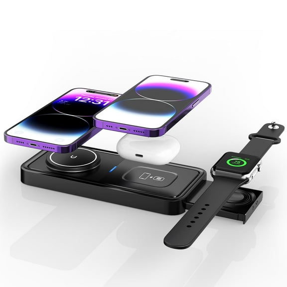 Magsafe Wireless Charger for iPhone & Samsung 3 in 1, Travel Wireless Charging Station for iPhone 17/16/15/14/13/12 Series, iWatch, AirPods - Black
