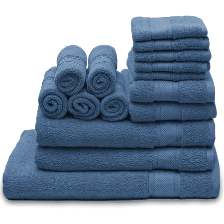 Magshion 100% Cotton Ultra Soft 15 Pack Towel Set, Bath Sheet 35x70", 2 Bath Towels 27x54", 2 Hand Towels 16x28" & 10 Wash Cloths 12x12", Mineral Blue