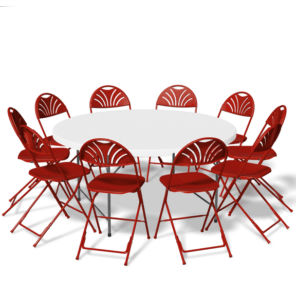 Magshion 11-Piece Round Folding Dining Table with 10 Red Chairs Set, 4.5 Ft White Foldable Table, Outdoor Picnic Desk with Carry Handle