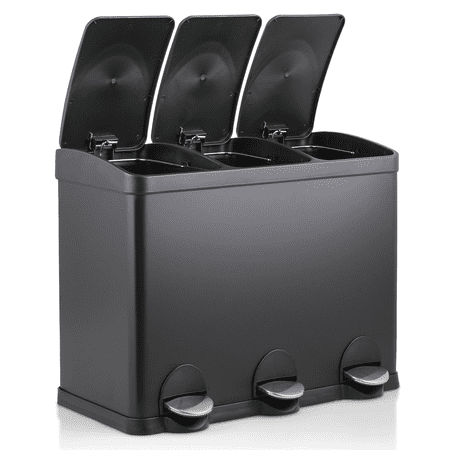 Magshion 12 Gallon Trash Can with 3 Compartments, 3 x 4 Gallon Garbage Can with Soft-Close Lids, Pedals and Removable Inner Buckets for Kitchen Office, Black