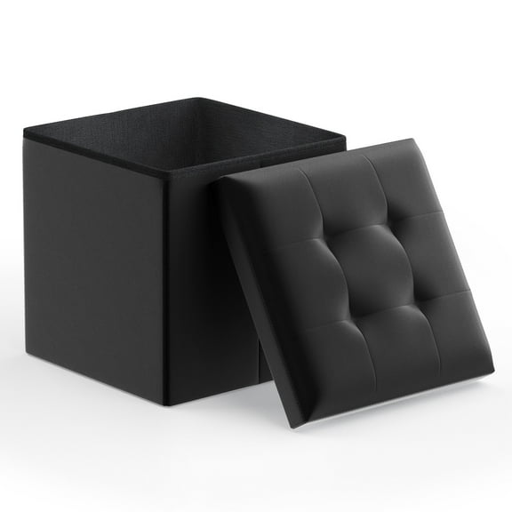 Magshion 15" Cube Collapsible Ottoman with Storage, PU Leather Storage Ottoman Foot Stool, for Living Room Bedroom Entryway, Black