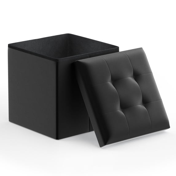 Magshion 15" Cube Collapsible Ottoman with Storage, PU Leather Storage Ottoman Foot Stool, for Living Room Bedroom Entryway, Black
