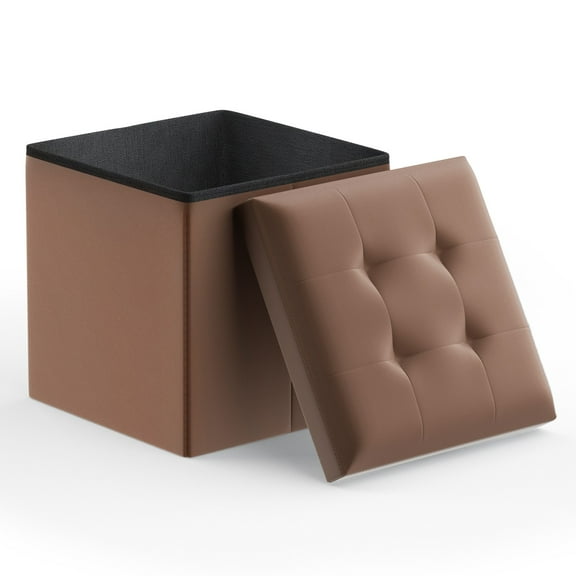 Magshion 15" Cube Collapsible Ottoman with Storage, PU Leather Storage Ottoman Foot Stool, for Living Room Bedroom Entryway, Brown