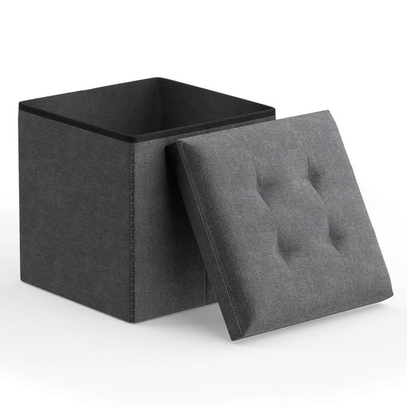 Magshion 15" Cube Folding Ottoman with Storage, Cotton-linen Collapsible Storage Ottoman Foot Stool, for Living Room Bedroom Entryway, Dark Gray