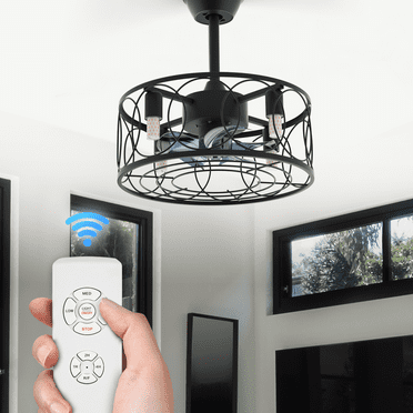 Magshion 18" Flush Mount Caged Ceiling Fan with Remote Control, Reversible Low Profile Ceiling Fan without Light Bulbs for Living Room Kitchen Bedroom, Black