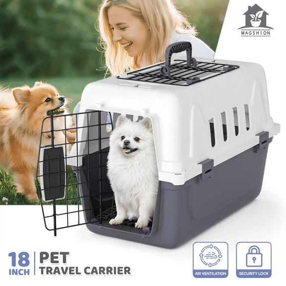 Magshion 18" Hard-Sided Pet Carrier, Portable Dog Travel Kennel Handbag Cage Transport Box with Handle and 2 Doors, Airline Approved, White/Grey