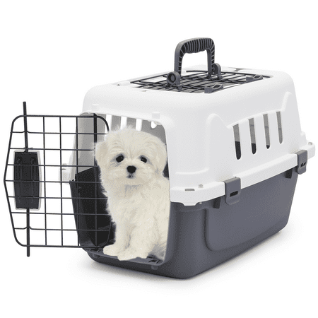 Magshion 18" Hard-Sided Pet Carrier, Portable Dog Travel Kennel Handbag Cage Transport Box with Handle and 2 Doors, Airline Approved, White/Grey