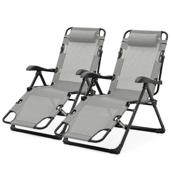 Magshion 2 Pack Outdoor Zero Gravity Lounge Chair, Folding Camping Patio Pool Recliner, Indoor Reclining Sleeping Bed with Adjustable Angle and Headrest, Grey