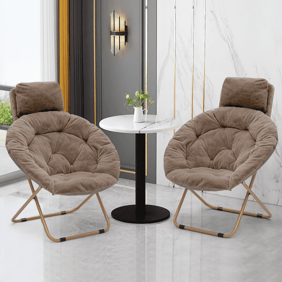 Magshion 2 Pack Saucer Chair with Pillow, Faux Fur Folding Accent Chair with Metal Frame, Lounge Moon Chair for Bedroom Living Room, Light Brown