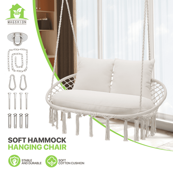 Magshion 2 Person Hammock Chair, Hanging Hammock Macrame Swing with Cushion, Cotton Rope, Tassels, Bohemian Style Hanging Chair for Bedroom Indoor Outdoor, Beige