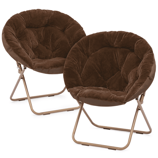Magshion 2-Piece Folding Lounge Chair Comfy Faux Fur Saucer Chair, Cozy Moon Chair Seating with Metal Frame for Home Living Room Bedroom, Brown