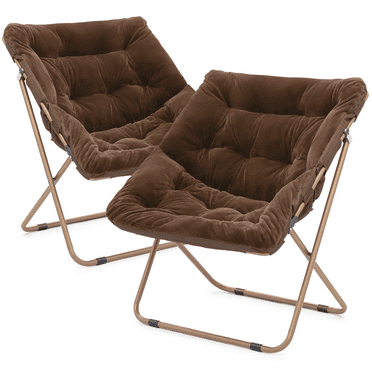 Magshion 2-Piece Folding Lounge Chair Comfy Faux Fur Saucer Chair, Square Cozy Moon Chair Seating with Metal Frame for Home Living Room Bedroom, Brown