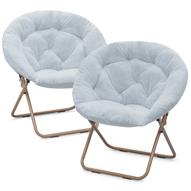 Magshion 2 Piece Folding Saucer Chair with Faux Fur Upholstery, Lounge Cozy Chair Moon Chair with Gold Metal Frame for Dorm Bedroom Living Room, Blue