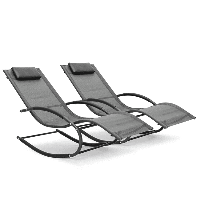 Magshion 2 Piece Outdoor Rocking Chair, Pool Chaise Lounge Chair with Removable Pillow, Sunbathing Rocker for Patio Beach Backyard Garden, Grey