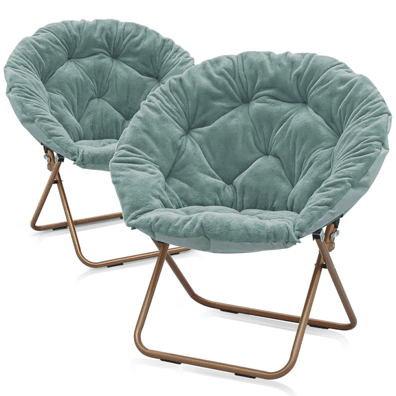 Magshion 2 Pieces Round Foldable Saucer Chair, Soft Folding Accent Chair Lounge Moon Chair with Metal Frame for Living Room Bedroom, Teal Blue