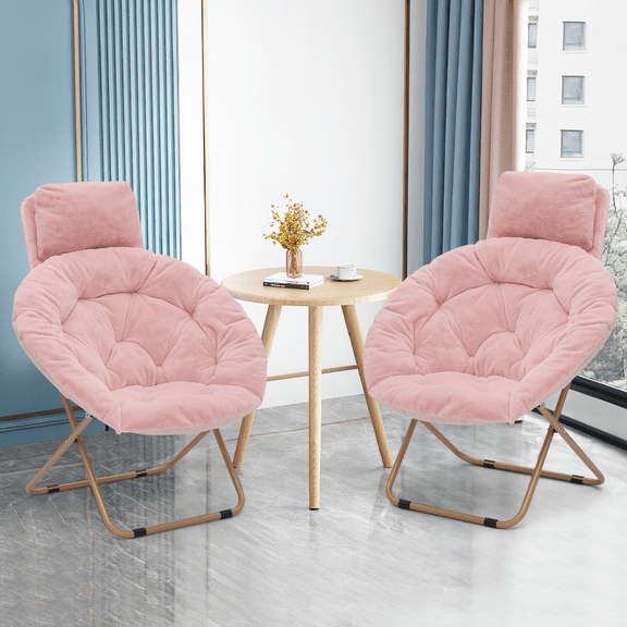 Magshion 2 Pieces Saucer Chairs with Pillow, Faux Fur Folding Accent Chairs with Metal Frame, Moon Chair for Bedroom Living Room, Light Pink