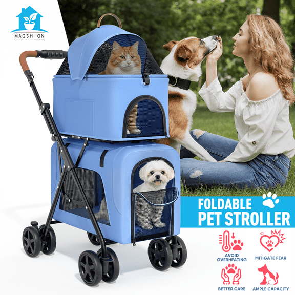 Magshion 2-in-1 Foldable Double Pet Stroller for 2 Small & Medium Dogs & Cats, Detachable Top Bottom Carriers, Breathable Mesh, One-Click Fold