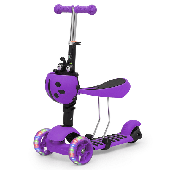 Magshion 2-in-1 Kick Scooter for Kids Ages 3-6, Adjustable Height Kids Scooter with Removable Seat, LED Light Wheels and Basket for Toddlers Boys Girls, Purple