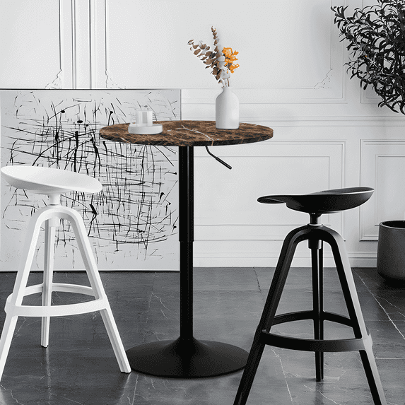 Magshion 23.6'' Round Bar Table, Adjustable Range 27.5"-35.7" Wood Pub Table with Black Leg and Base for Dining Room Bar Cocktail Table, Marble Brown