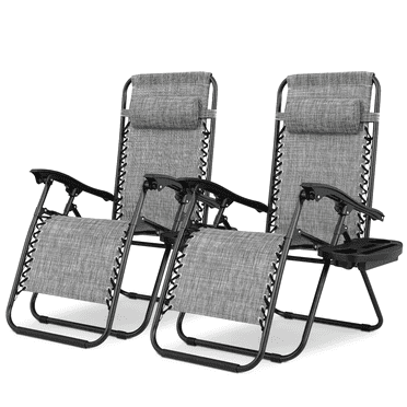 Magshion 25" Patio Zero Gravity Chair Set of 2, Folding Adjustable Reclining Beach Lawn Lounger with Pillow and Cup Holder, Dark Gray