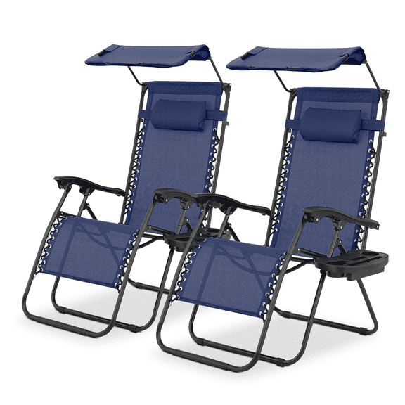 Magshion Zero Gravity Chair with Canopy Set of 2, Reclining Folding Outdoor Lounge Chair with Side Tray and Pillow, Navy Blue
