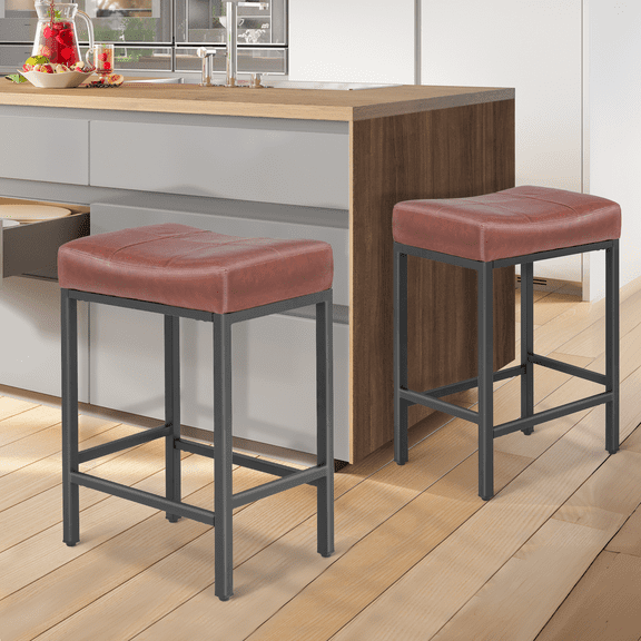 Magshion 26.5" Upholstered Counter Bar Stool Set of 2, Backless PU Leather Saddle Seat Barstools for Kitchen Island, Metal Frame, Gray