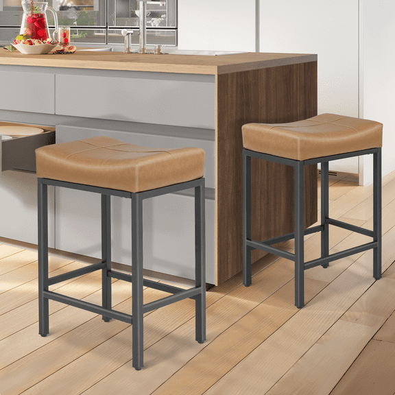 Magshion 26.5" Upholstered Counter Bar Stool Set of 2, Backless PU Leather Saddle Seat Barstools for Kitchen Island, Metal Frame, Camel