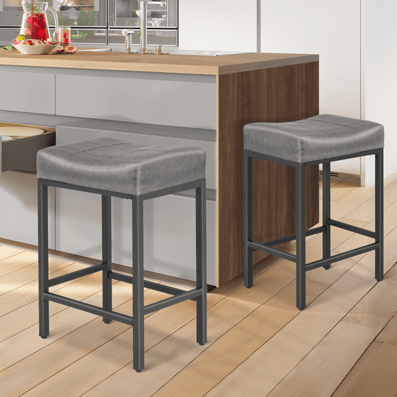 Magshion 26.5" Upholstered Counter Bar Stool Set of 2, Backless PU Leather Saddle Seat Barstools for Kitchen Island, Metal Frame, Gray