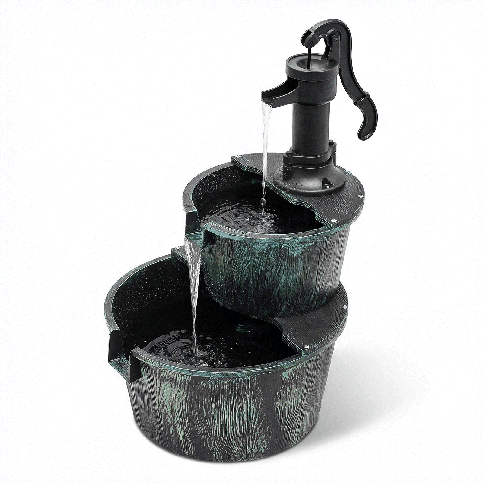 Magshion 27" 2-Tier Barrel & Pump Waterfall Fountain, Freestanding with Recirculating Pump, for Garden Patio Backyard, 11L, Green
