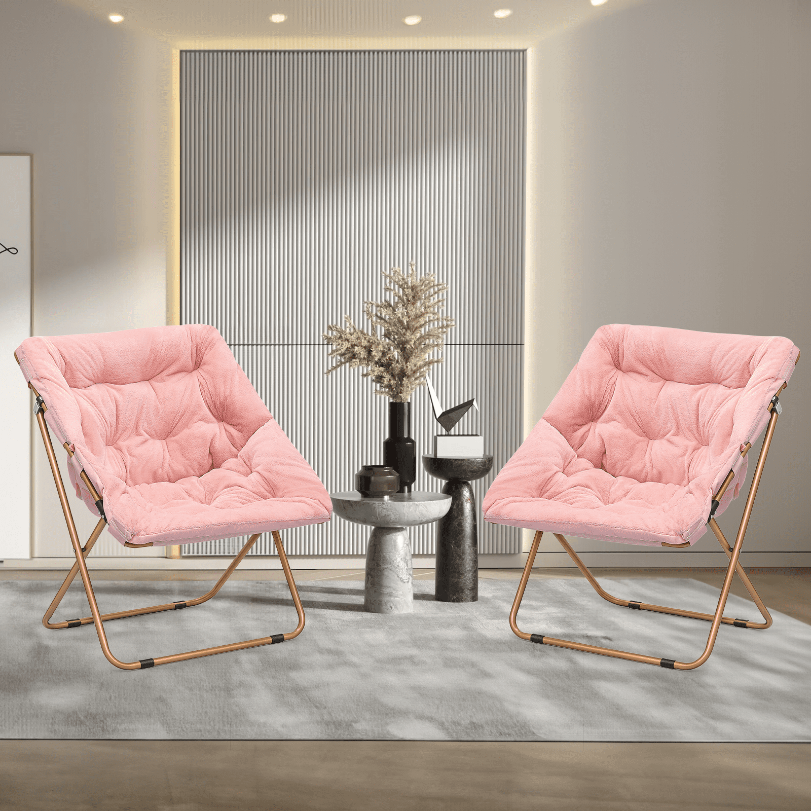 Magshion 27.5" Foldable Soft Faux Fur Saucer Chair Set of 2, Square Cozy Moon Chair with Metal Frame for Home Bedroom Living Room, 300lbs Weight Capacity, Pink