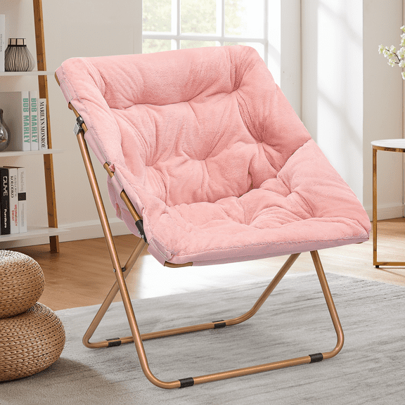 Magshion 27.5" Foldable Soft Faux Fur Saucer Chair, Square Cozy Moon Chair with Metal Frame for Home Bedroom Living Room, 300lbs Weight Capacity, Pink