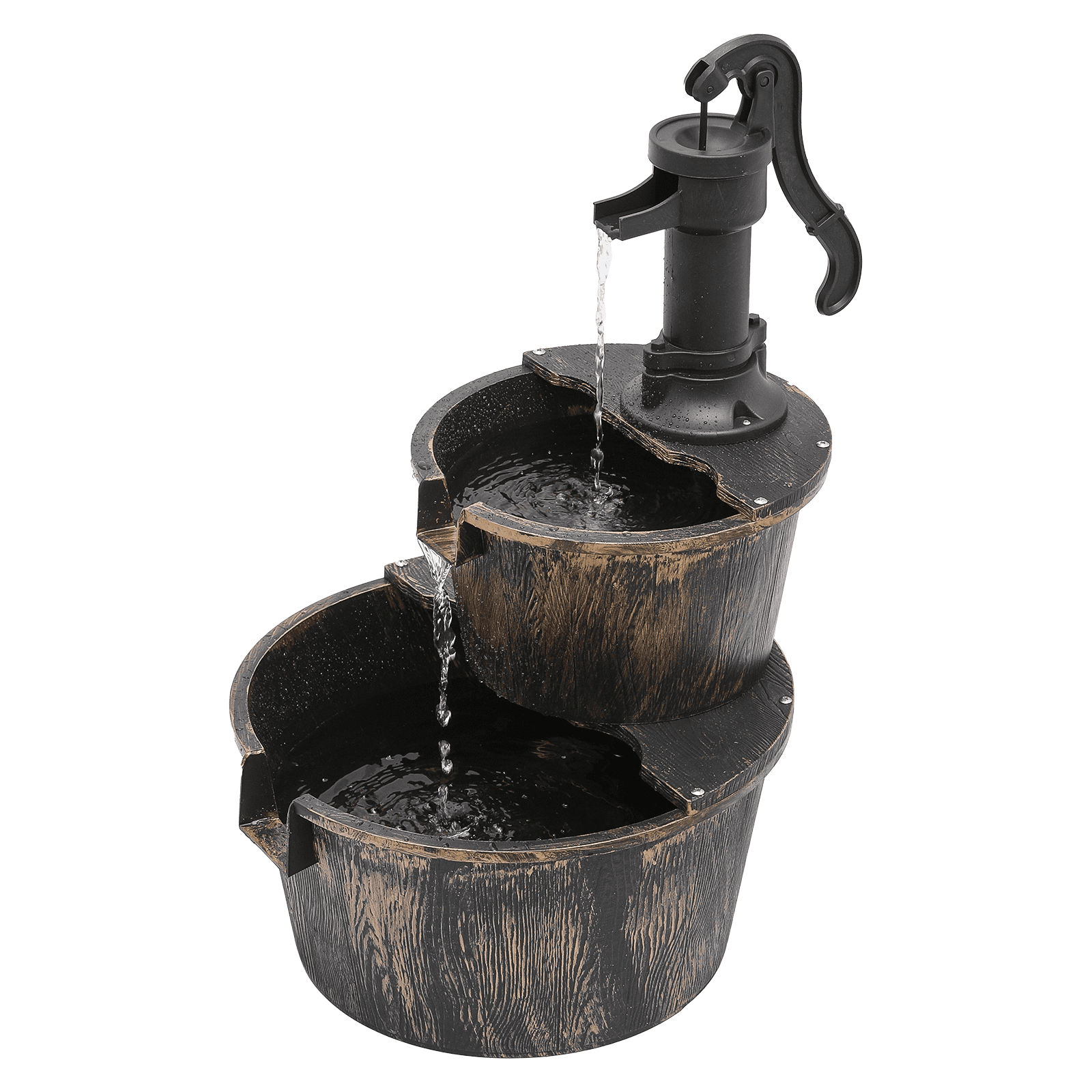 Rustic Brown 2-Tier Barrel Waterfall Fountain with Pump