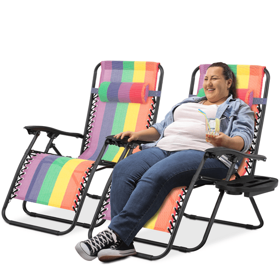 Magshion 29" Patio Zero Gravity Chair Set of 2, Folding Adjustable Reclining Beach Lawn Lounger with Pillow and Cup Holder, Rainbow