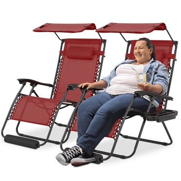 Magshion 29" Zero Gravity Chairs Set of 2, Folding Outdoor Patio Beach Recliner with Canopy Shade, Headrest and Foot Pads, Maroon