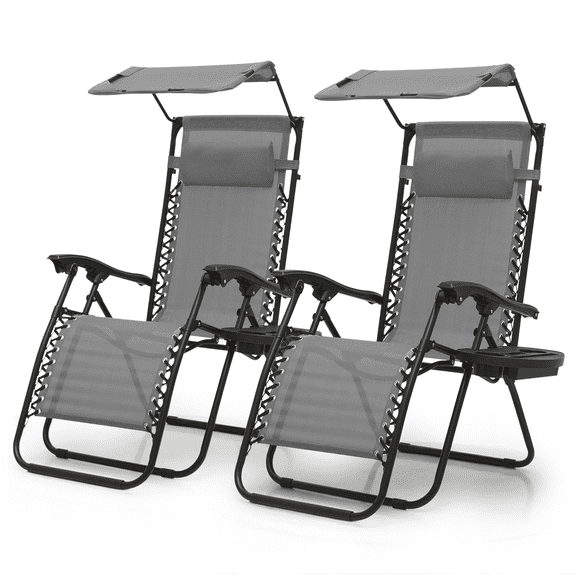 Magshion Zero Gravity Chair with Canopy Set of 2, Reclining Folding Outdoor Lounge Chair with Side Tray and Pillow, Grey