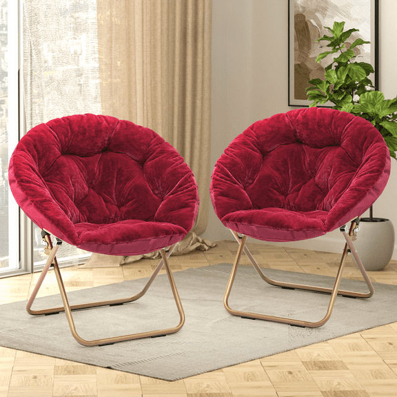 Magshion Set of 2 Saucer Chair Soft Faux Fur Folding Accent Chair, Lounge Lazy Chair Moon Chair Seat with Metal Frame for Bedroom Living Room, Red