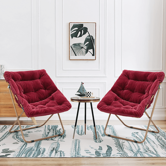 Magshion 2Pcs Saucer Chair Soft Faux Fur Oversized Folding Accent Chair Square Lounge Lazy Chair Moon Chair with Metal Frame for Bedroom Living Room, Red