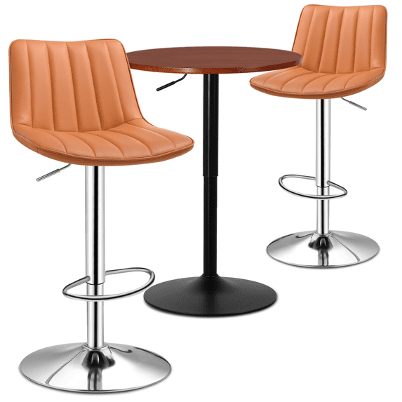 Magshion 3 Pieces Bar Table and Chair Set, 23.5" Round Bar Table and PU Leather Height Adjustable Barstools for Kitchen Dinner, Brown/Red