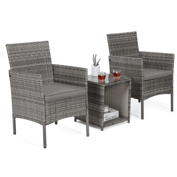 Magshion 3 Pieces Outdoor Patio Furniture Set, PE Rattan Wicker Chairs with Table, Outdoor Garden Porch Conversation Set with Glass Tabletop and Cushion, Grey/Grey