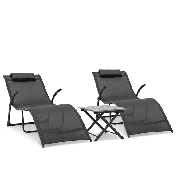 Magshion 3 Pieces Patio Chaise Lounge Chair Set, Outdoor Beach Pool Reclining Chairs with Folding Table and Removable Pillow, Chaise Lounger for Backyard Porch, Black