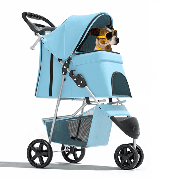 Magshion 3-Wheel Pet Stroller, Foldable Jogger for Small/Medium Dogs & Cats (33lb Max), Lightweight w/Breathable Mesh, Cup Holder & Basket, Light Blue