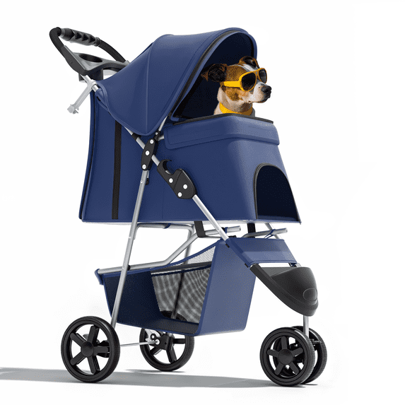 Magshion 3-Wheel Pet Stroller, Foldable Jogger for Small/Medium Dogs & Cats (33lb Max), Lightweight w/Breathable Mesh, Cup Holder & Basket, Navy Blue