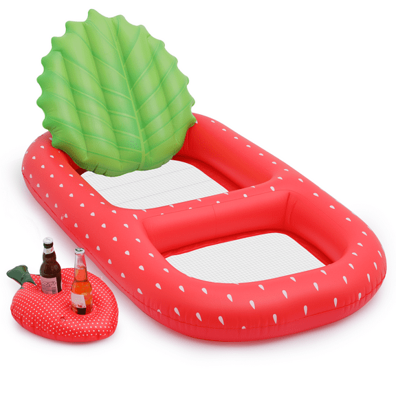 Magshion 3-in-1 Strawberry Inflatable Pool Floats with Drink Holder, Pool Raft Beverage Fruit Serving Floating Chair with Detachable Backrest & Mesh Bottom, Red