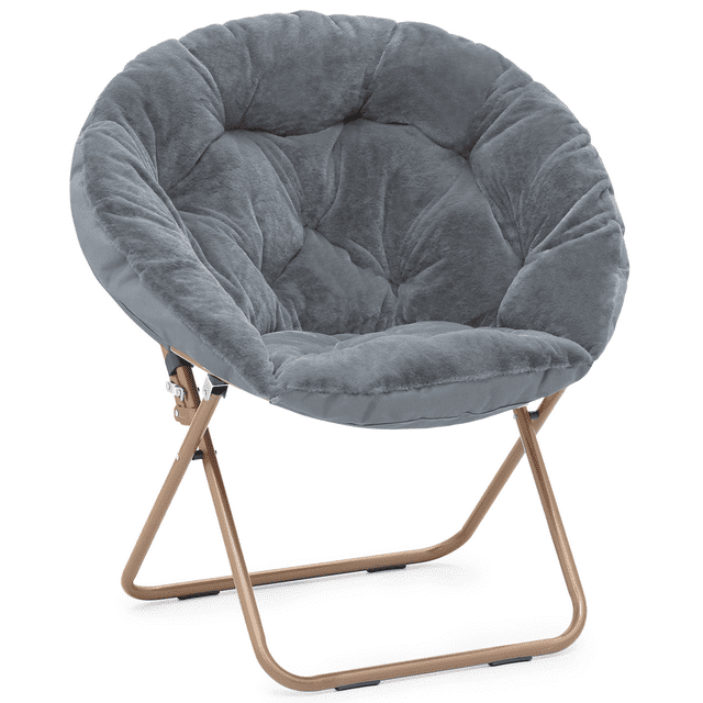 Magshion 33" Folding Saucer Chair, Soft Faux Fur Oversized Collapsible Accent Chair Lounge Moon Chair with Metal Frame for Bedroom, Gray